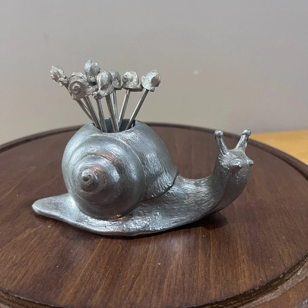 Vtg Silver Metal Snail Cocktail Pick Set 8‎ Piece Appetizer Forks Cottagecore